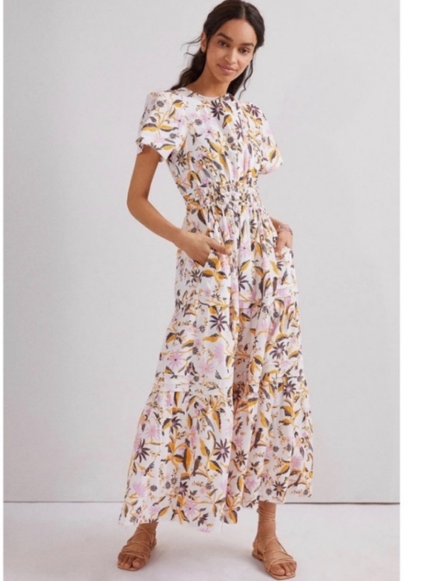 Anthropologie Dress Somerset Maxi Cotton Tiered In Floral Pink Gold White